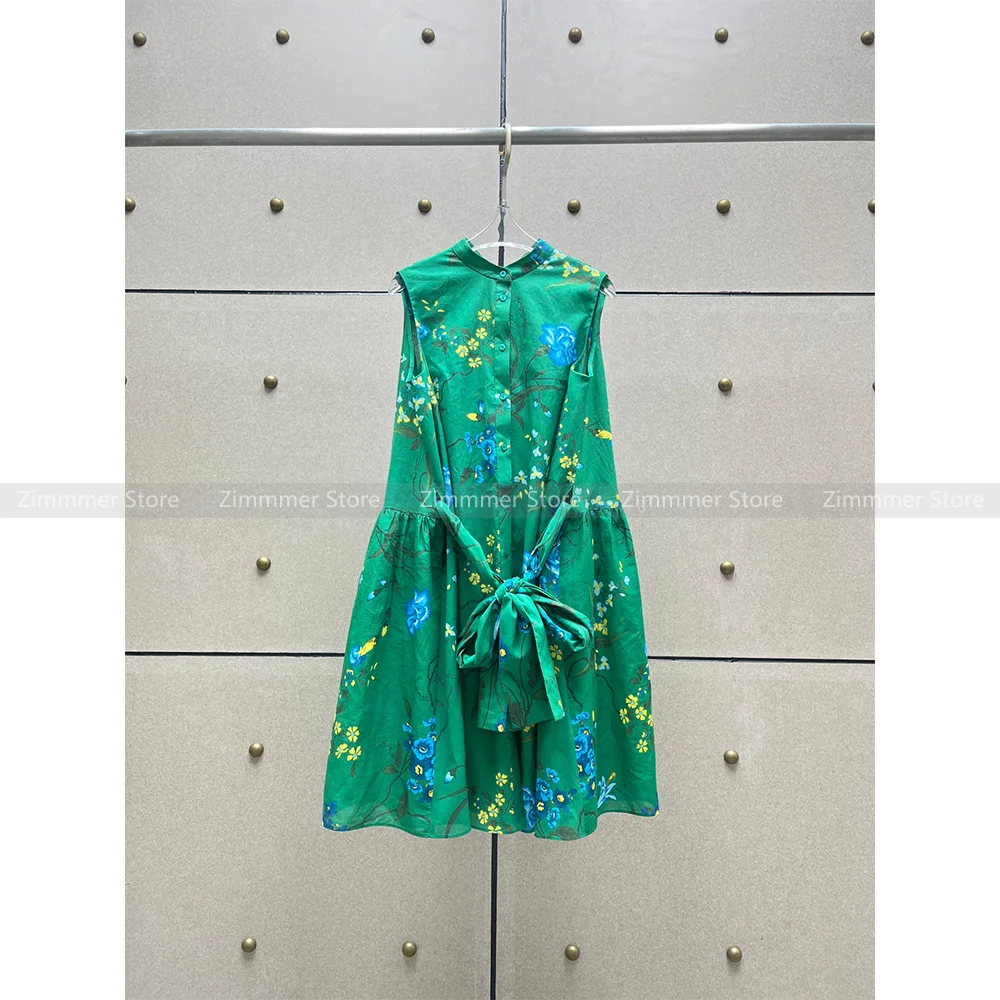 Temperament Standing Collar Small Floral Sleeveless Shirt Dress 2024 Summer Floral Print Waist Tie Loose Dresses