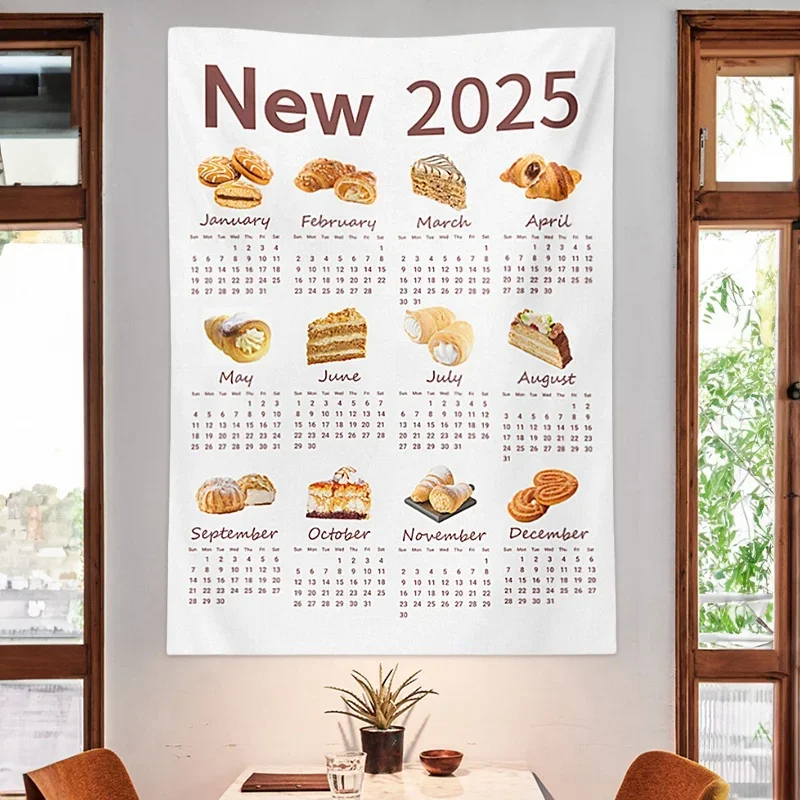 2025 Wall calendar New Year Christmas Calendar Hanging Cloth Cute Food Breads pattern home Wall Background Decor Photo Prop