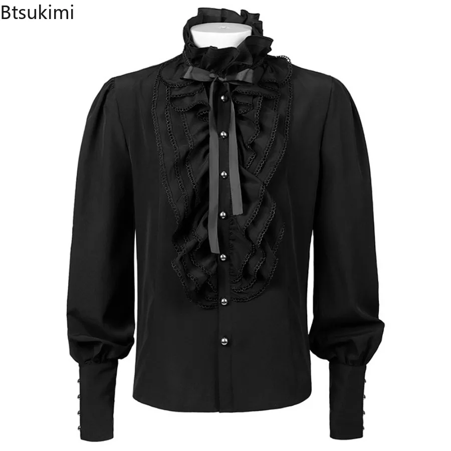 Men's Fashion Retro Gothic Shirts And Blouses Victorian Medieval Ruffle Pirate Puff Sleeve Solid Black Tops Shirt Men Clothing - view 2