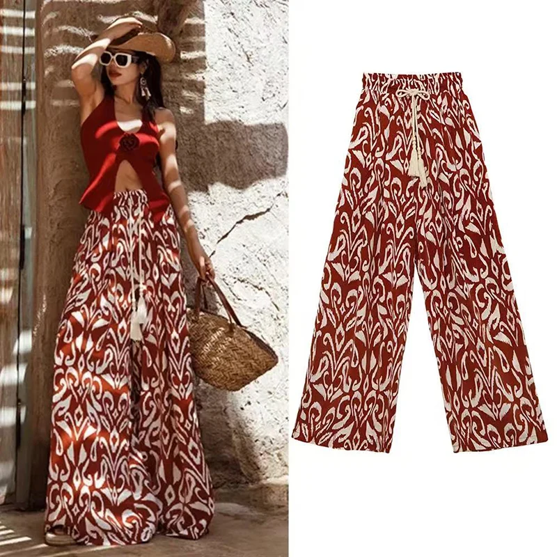 

European and American Summer New Bohemian Loose Casual Holiday Style Pants Women's Printed Wide Leg Pants High Waist Beach Pants