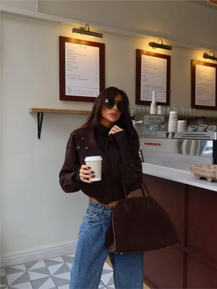 Autumn Women Faux Suede Jacket with Zipper Simple  High Collar Elegant Lady Warm Oversize Coats Chic Female Tops