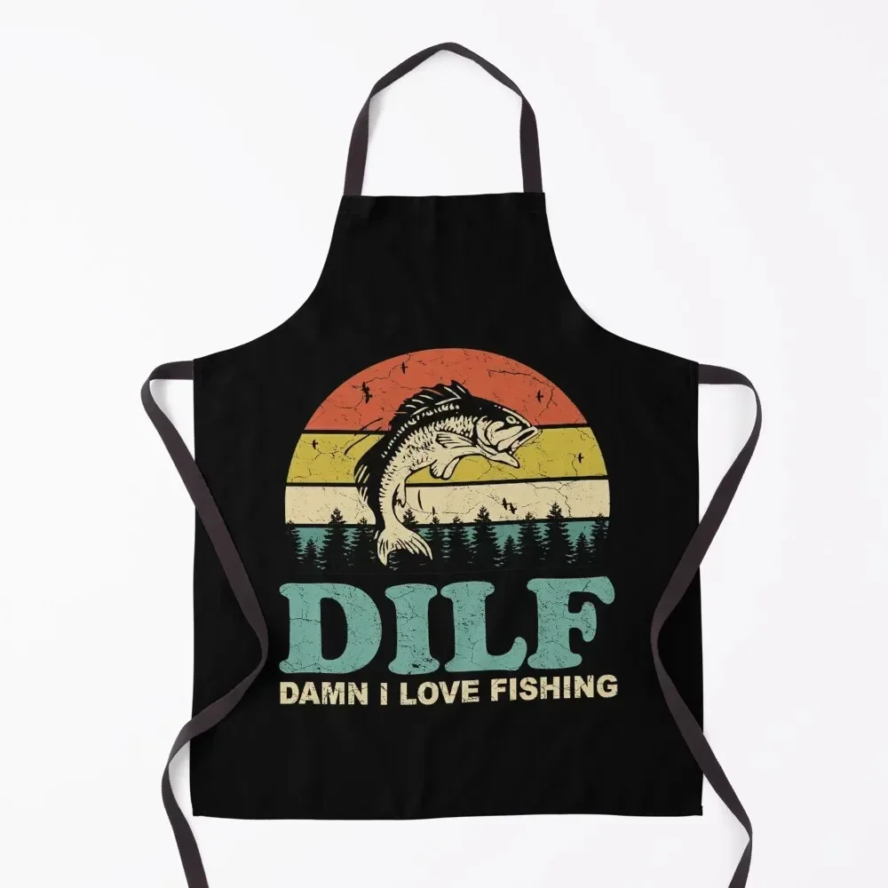 

DILF Damn I Love Fishing Retro Vintage Sunset Funny Fishing Gift Apron kitchen clothes for men Kitchen For Man Barber Apron