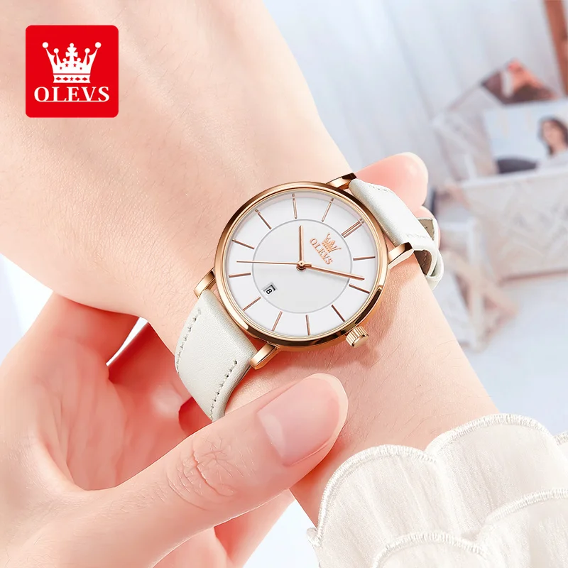 OLEVS 5869 Leather Strap Woman Watch Ultra Thin Waterproof Original Quartz Watch for Women Simplicity Elegant Ladies Wrist Watch