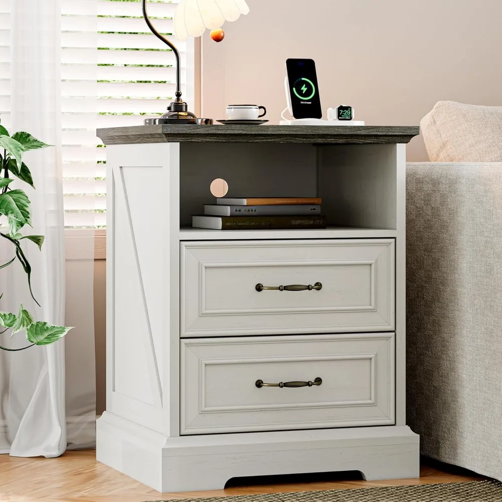 

Nightstand with Charging Station, 18 Farmhouse Tall Side Table with 2 Storage Drawers, Rustic Wood Night Stand Bedside End Table