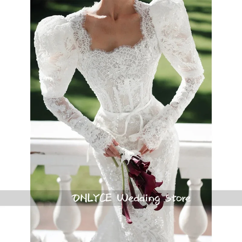 Custom White Square Neck Puff Sleeve Mermaid Dress Long Train Lace Wedding Gown Formal Bridal Wear