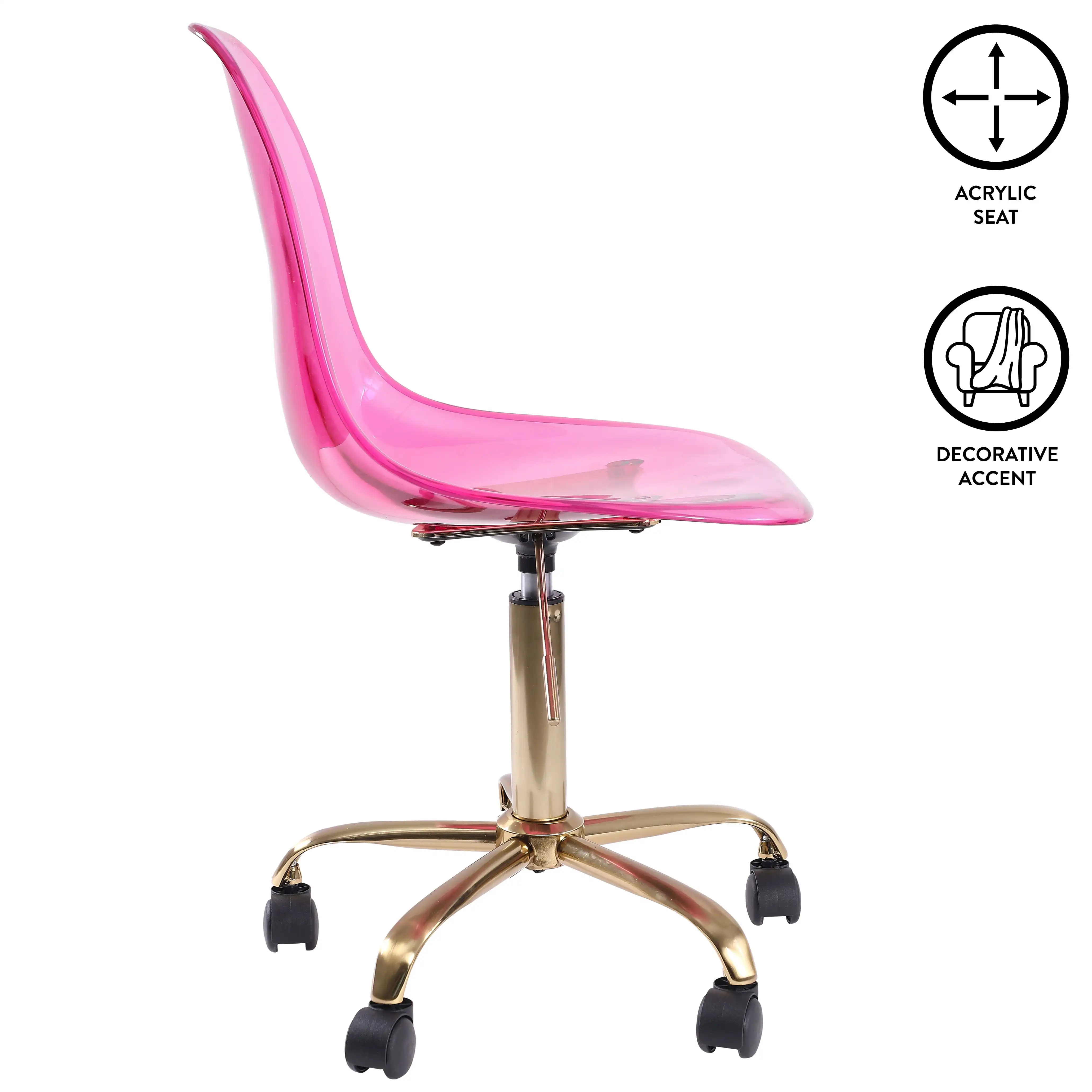 Silla de oficina enrollable de acrílico, silla de tarea con espalda media, altura ajustable, sillas de escritorio con ruedas, púrpura