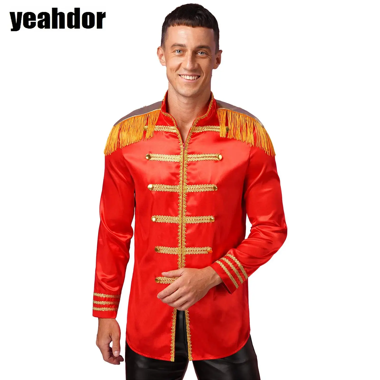 

Men Halloween Hippy Medieval Outerwear Tassel Shoulder Satin Cardigan Marching Band Jacket Halloween SGT Sergeant Pepper Costume