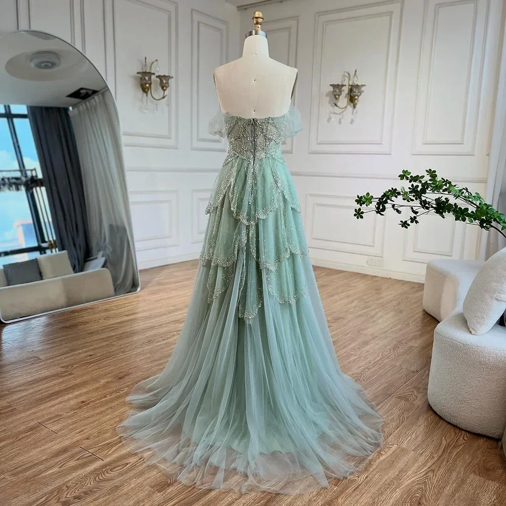 Serene Hill Customized 2025 Arabic Sage Green ALine Off Shoulder Beaded Evening Prom Dress Formal Occasions Gown GLA72605