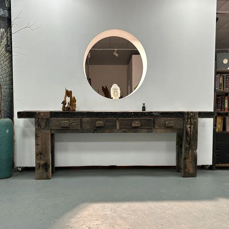 Wabi Silent Wind Retro Sol id Wood Strip Entrance Large Ca se D esk Flat H ead Case Chin ese Style