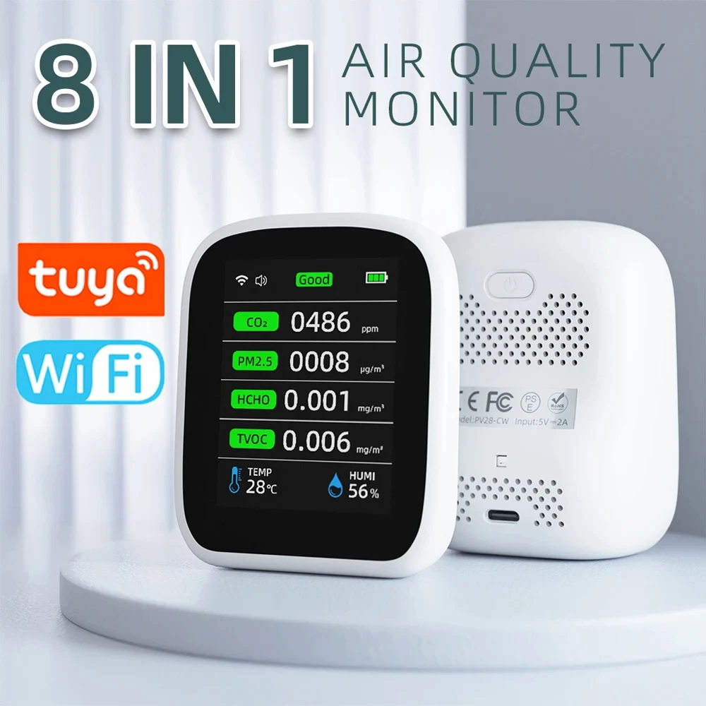 

Tuya WIFI Portable Air Quality Monitor 3/8 in 1 Temp and Humidity Tester LCD Color Screen Carbon Dioxide Detector with Time