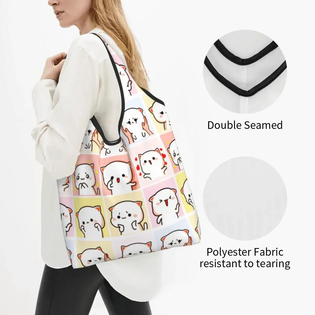 Custom Reusable Peach And Goma Meme Shopping Bag Women Tote  Portable Cartoon Mochi Cat Grocery Shopper s