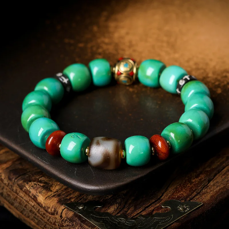 Rhodochrosite and turquoise beaded , collectible Tibetan jewelry, bone three-way connector, ethnic style bracelet