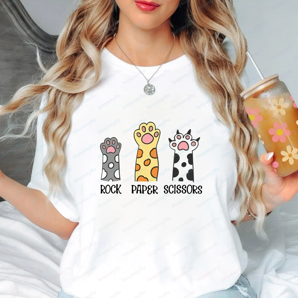 Female Y2K Loose Tee Retro Cat Paw Rock Paper Scissors Game Print Short Sleeve T-shirt Teen Girls Streetwear Casual Tops