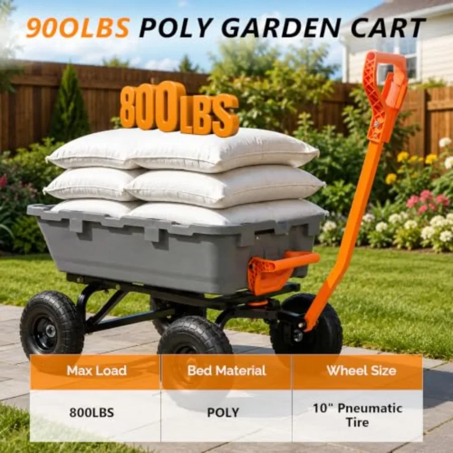 800 lbs Poly Dump Cart Heavy Duty Wheelbarrow with 2-in-1 Handle and 10
