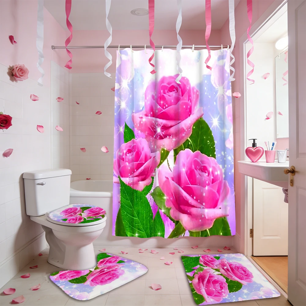

Занавеска для душа с узором красной розы на День святого Валентина, наборы для ванной, водонепроницаемый нескользящий коврик для ванной комнаты, туалет U с 12 крючками, домашний деко