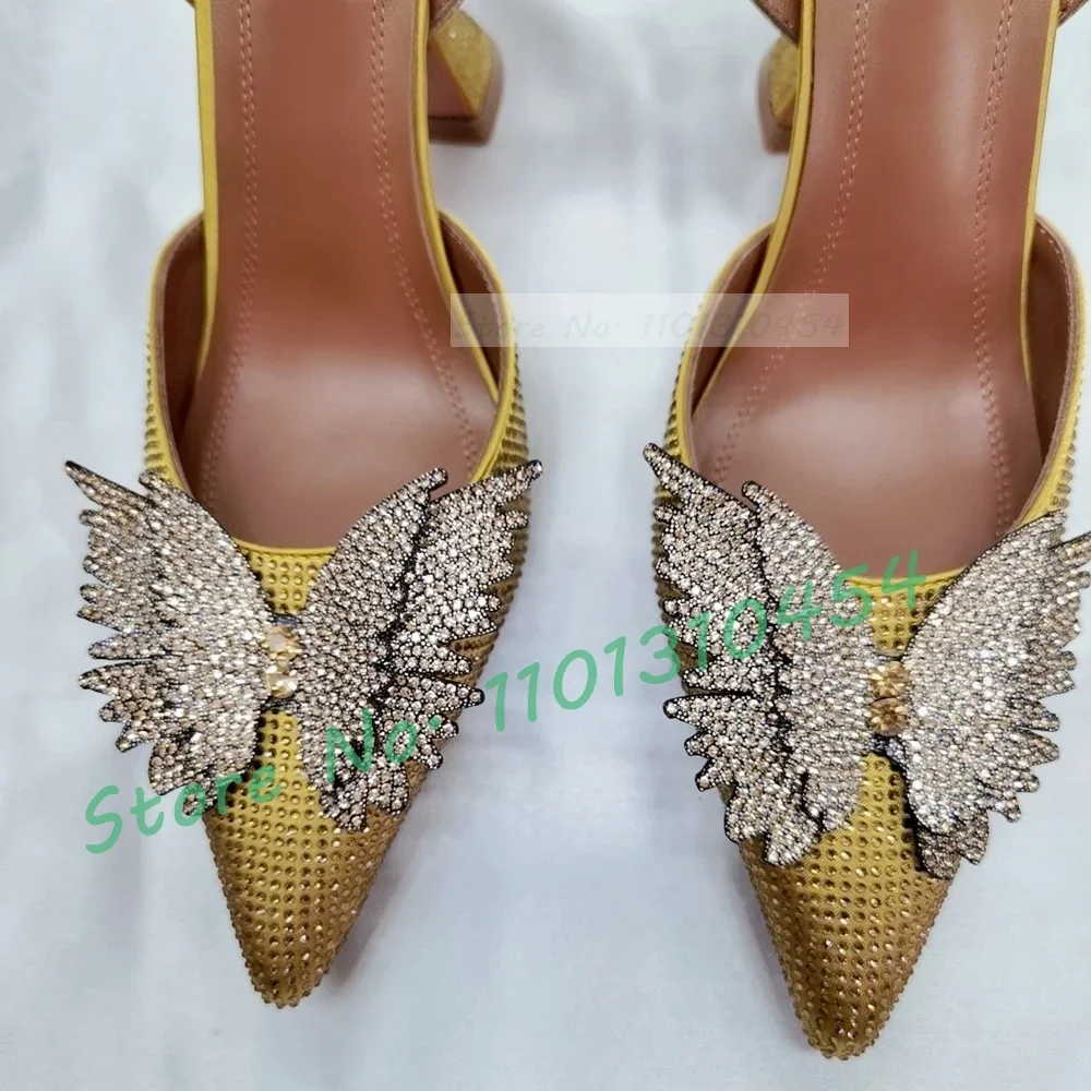 Crystal Butterfly Pointy Sandals Women Bling Wine Glass Heel Orange Satin Shoes Real Leather Luxury Back Strap Trending Sandal view 5