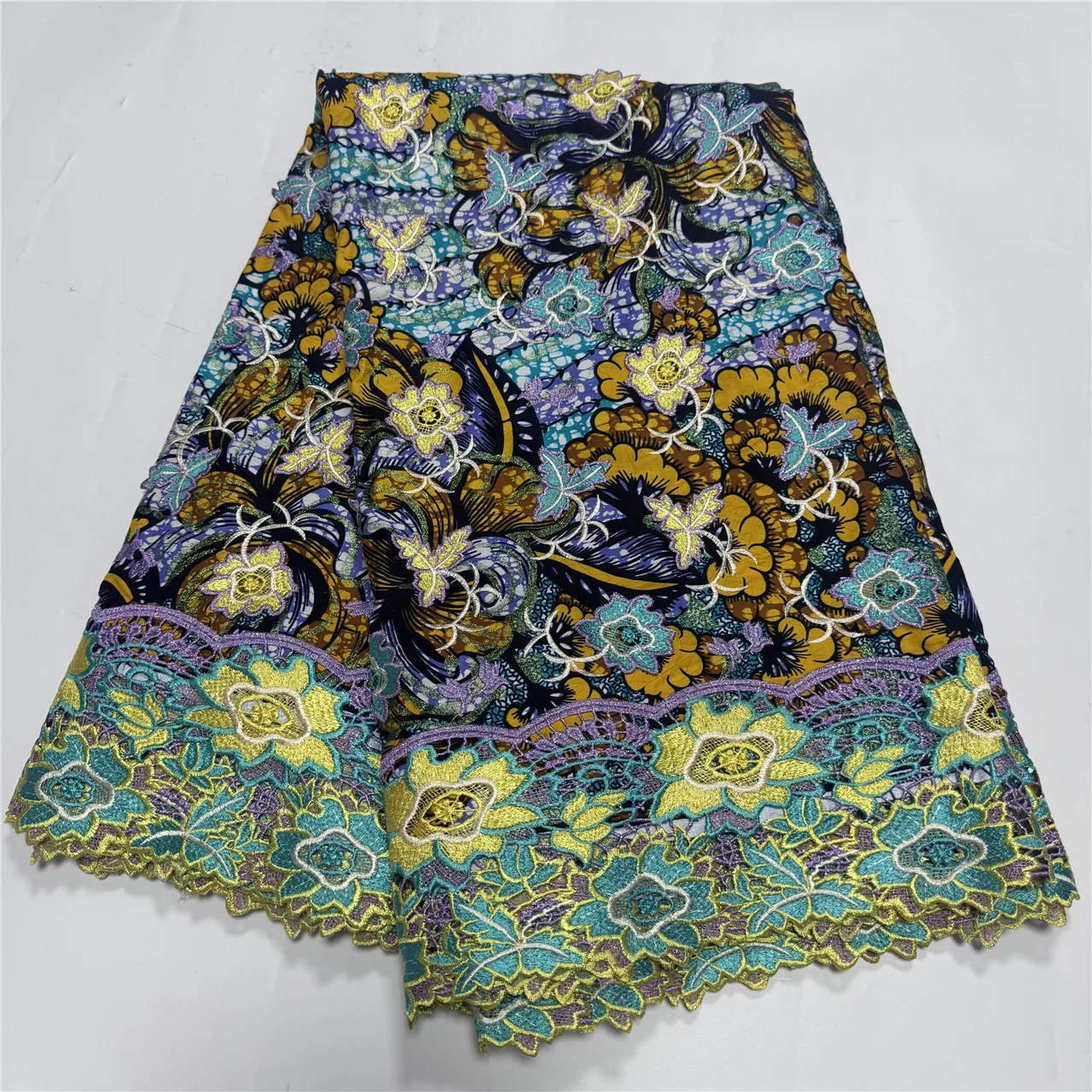 5 Yards African Glitter Golden Ankara Wax Lace Fabric With 3D Applique Water-Soluble Embroidery Lace Fabric Dubai Style 19A23