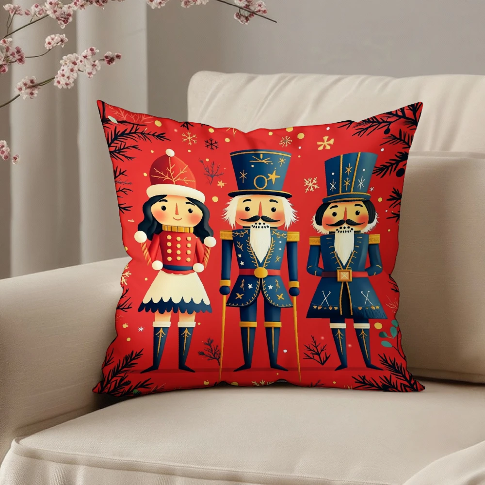 Square Throw Pillow Case Red Christmas Nutcracker Soldier Print Decorative Cushion Cover For Living Room Sofa Bedroom Home
