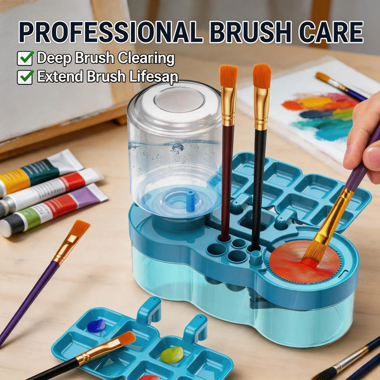 Paint Brush Cleaner Water Circulation Paint Brush with Drain Paint Water Dispenser with Palette Brush Holder Paint Brush Washer