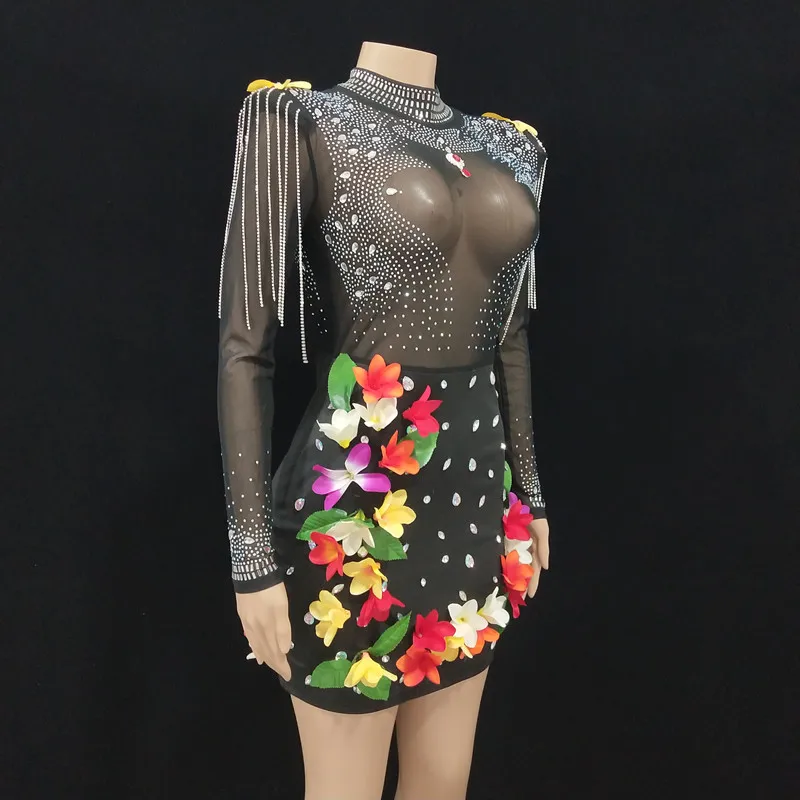 Moda strass vestido de flor malha preto transparente feminino baile banquete aniversário celebrar palco desempenho traje