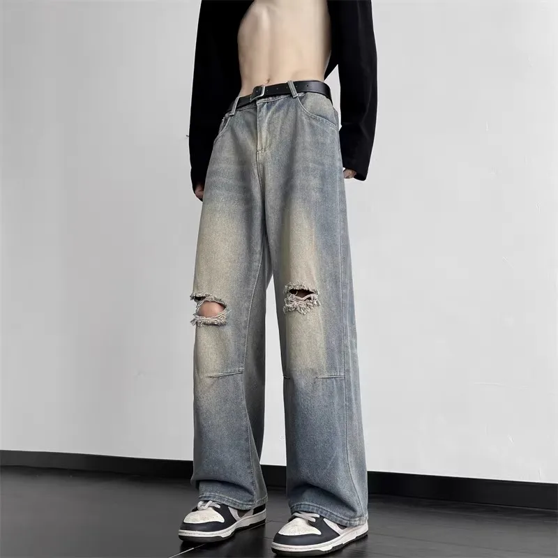 

Retro Sle Men's Denim Jeans Knee-Hole Worn-Out Straight Leg Wide Leg Pants Casual Comfortable Fit Polyester Fiber