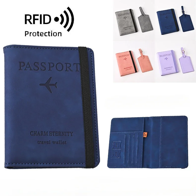 Portefeuille de voyage avec sangle en PU pour hommes et femmes, RFID, porte-passeport, couverture de passeport, étiquette de bagage, clip de billet, porte-carte d'identité