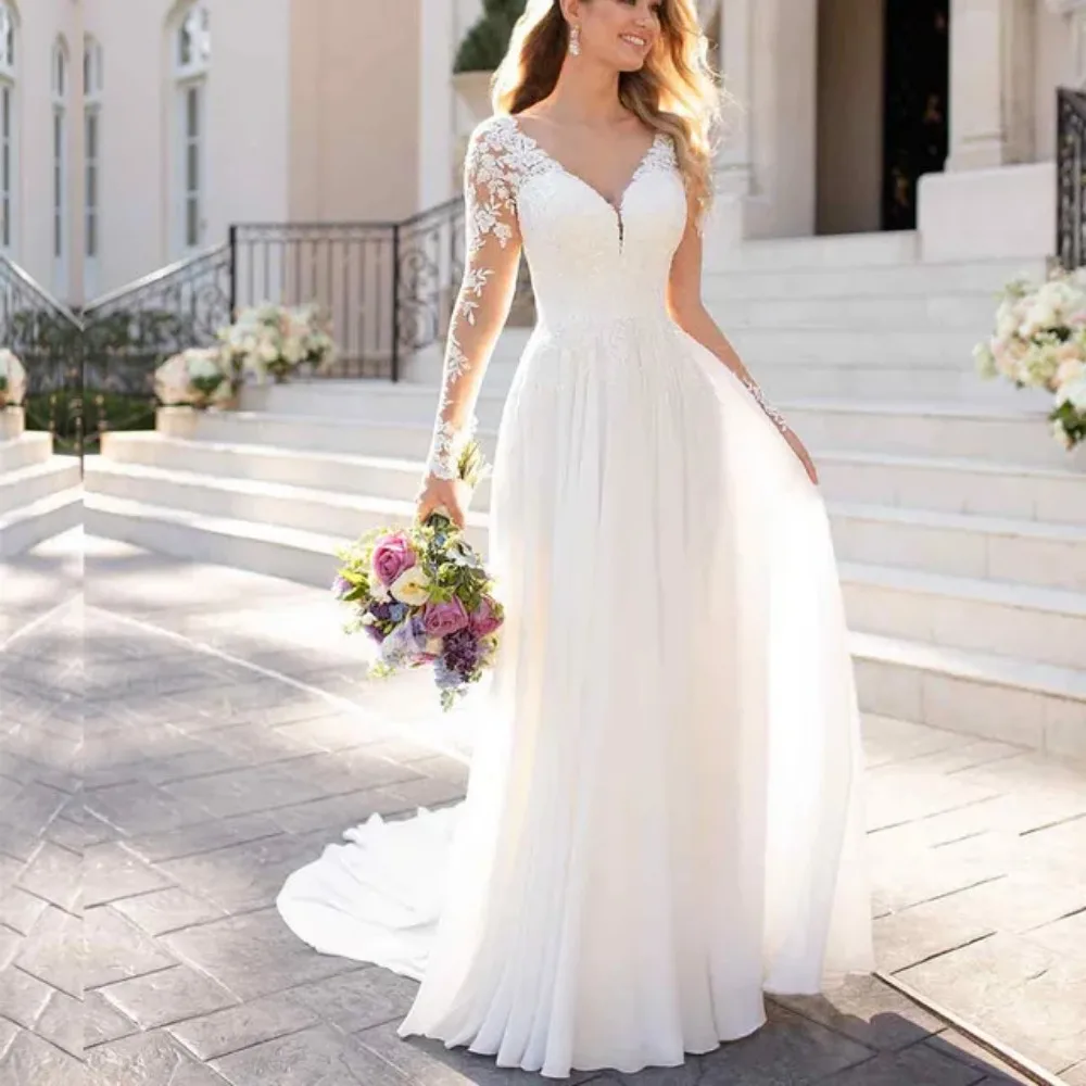 Robe de mariée en mousseline de soie A-ligne à manches longues avec appliques en dentelle, robe de mariée romantique, col en V, patients, peu importe, robe blanche dos nu, nouveau