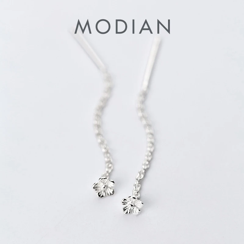 Modian prosty kwiat roślin opadające kolczyki z długimi frędzlami dla kobiet 100% 925 Sterling Silver dynda ucha koreański styl Party biżuteria