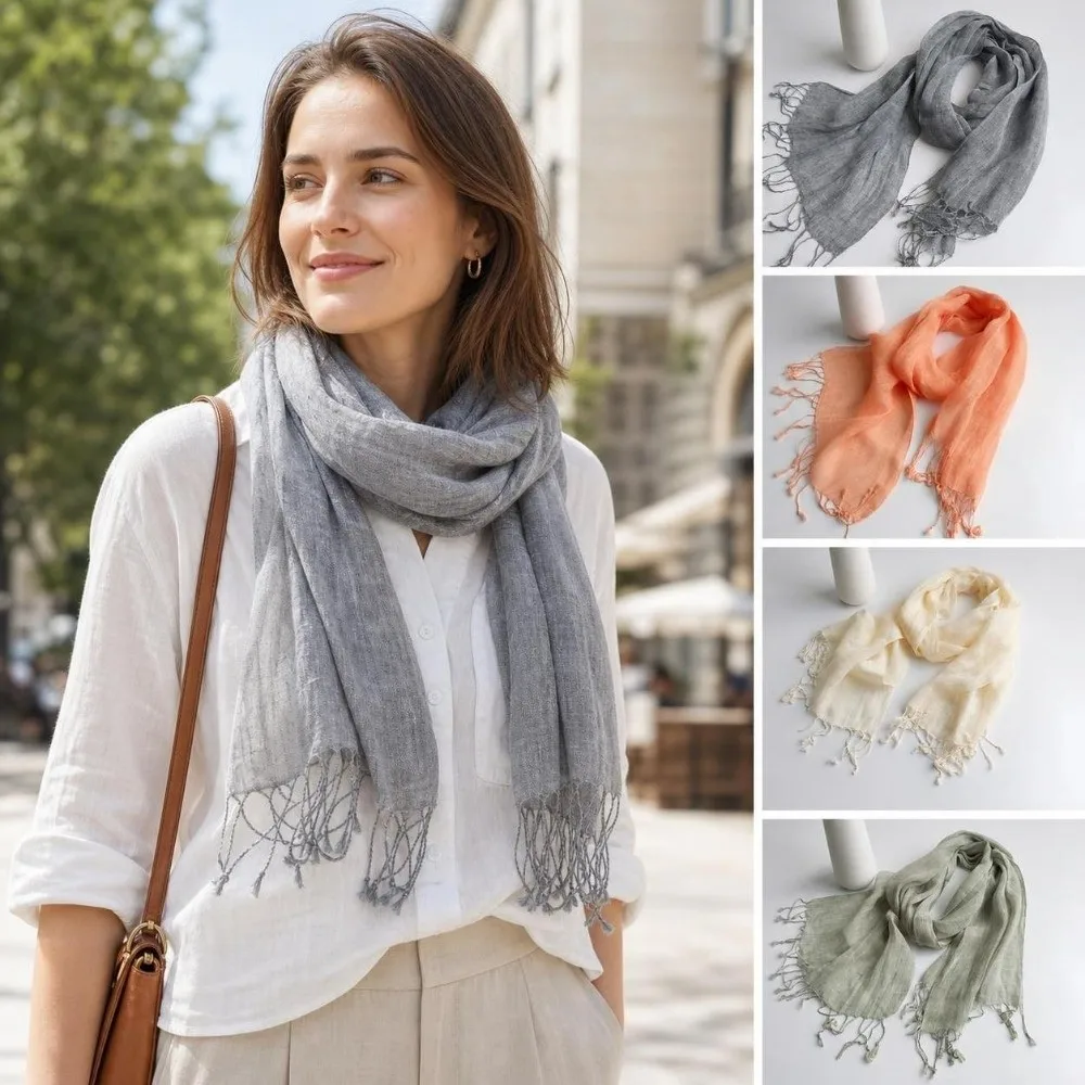 Casual Solid Color Pure Linen Scarf Lightweight Breathable Shawl Wrap Soft Fabric Sun-proof Neck Scarf For Ladies