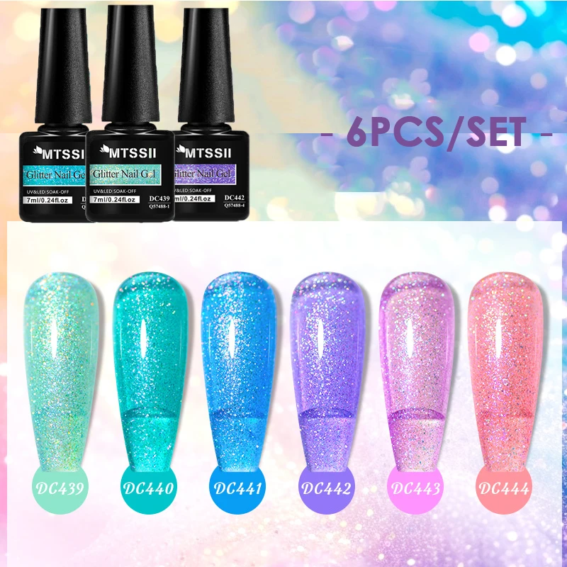 

6 шт./компл., набор красочных блестящих гелей для ногтей, долговечный яркий сверкающий эффект, замачиваемый набор гель-лаков для маникюра и дизайна ногтей