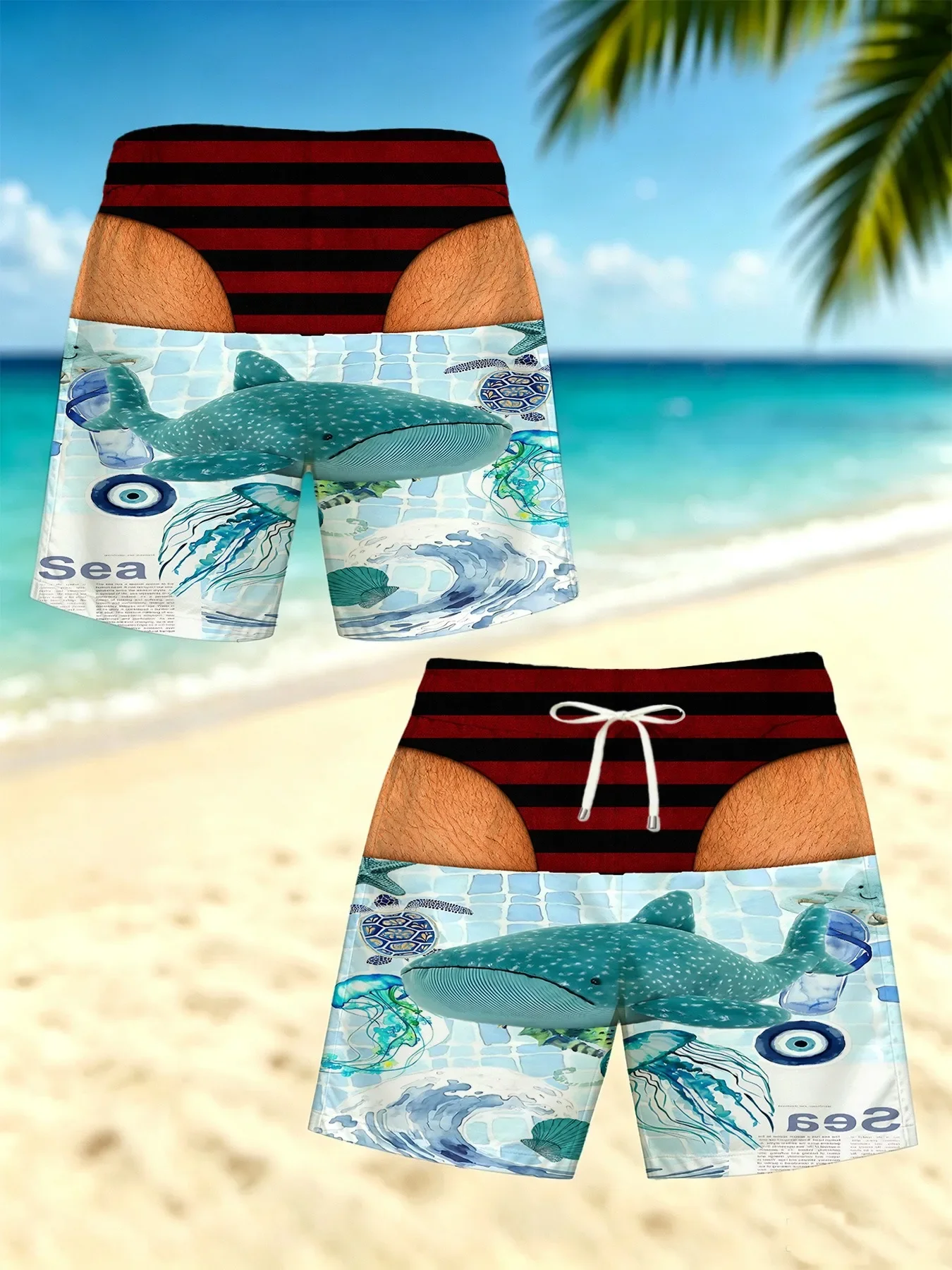 Funny Fake Striped Bikini Waist Men Swim Trunks Cute Penguin Dolphin Print Quick Dry Beach Shorts Gag Gift