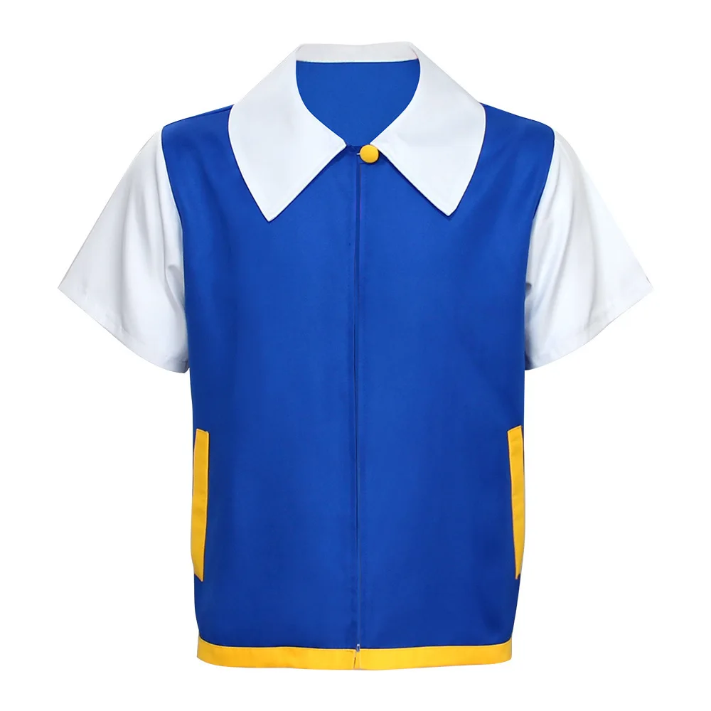 Halloween Cosplay Anime Ash Ketchum Kleding Mannen Blauwe Jas Kostuum Jongens Meisjes Cosplay voor Party Trainer Kinderen en volwassenen Set