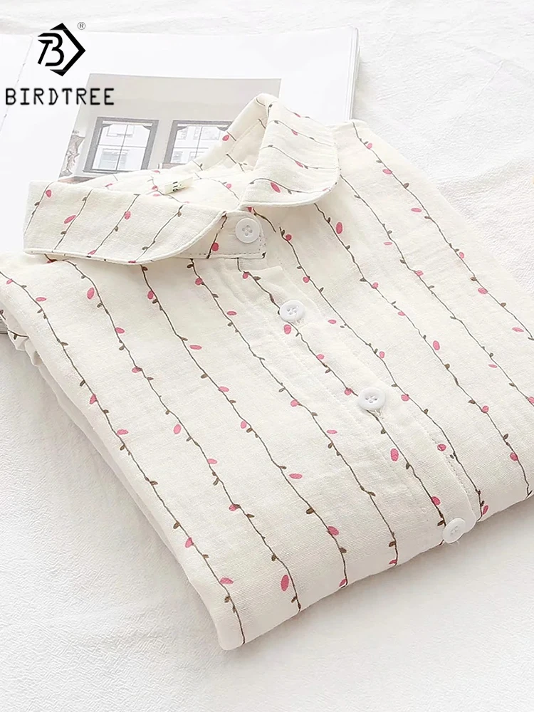 New Spring Women Double-layer Cotton Shirts Full Sleeve Floral Loose Casual Soft Blouse Office Lady Work Wear Tops T34502X