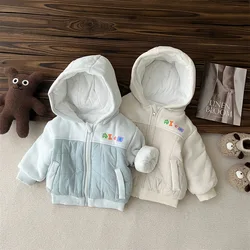 2024 Winter New in Kids Baby Girls Boys Fashion Clothing , Toddler Infant Hooded Zipper Patchwork Thicken Plush Warm Jacket