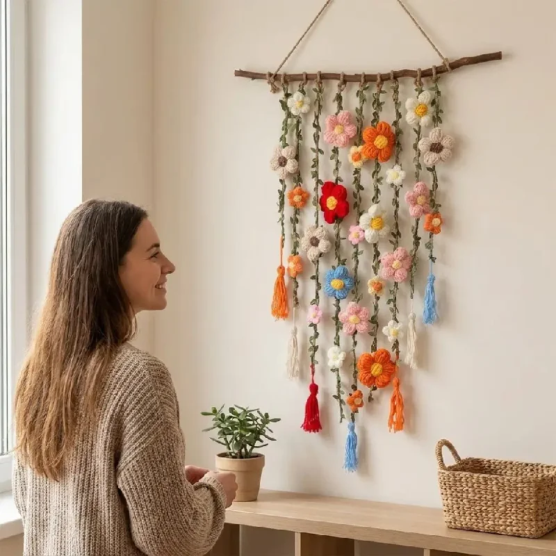 Handmade Crochet Floral Vine Wall Hanging Natural Wooden Branch Colorful Flowers Hand Knit Flower Tapestry Macrame Style Rustic