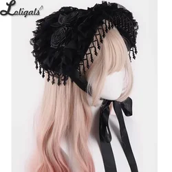 Gothic Halloween Bonnet Hat Lolita Handmade Pearl Tassel Lace Rose Black Hat