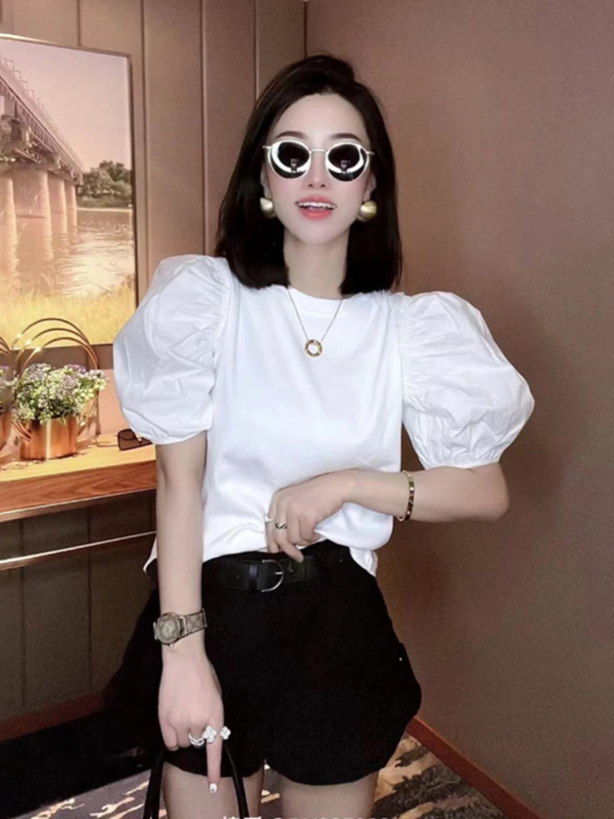 

Футболка FANCY-B&G из чистого хлопка ort Sve, женская летняя белая футболка с пузырьками-фонариками, корейский универсальный топ