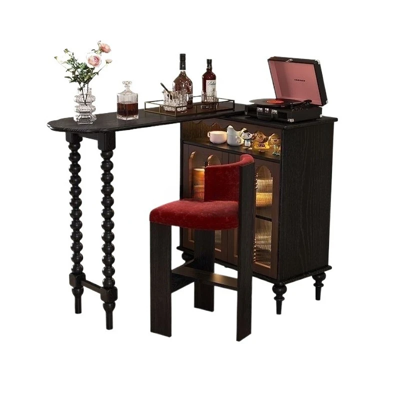 

French Retro Solid Wood Retractable Bar Counter Household Partition Integrated Living Room Balcony Storage Side Cabinet