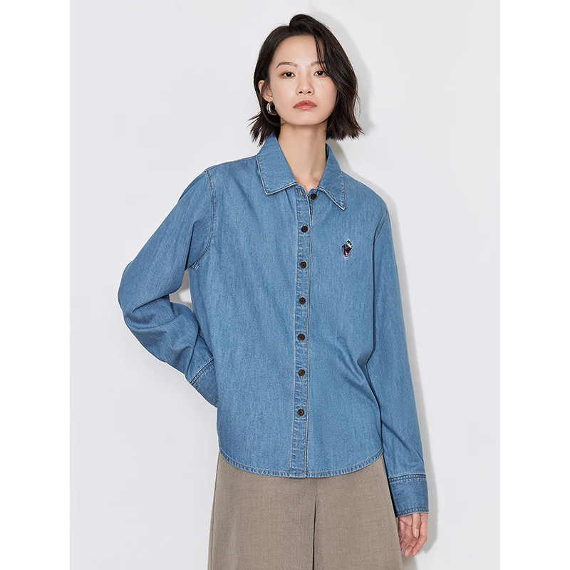 TOYOUTH-Blusa de algodón puro para mujer, camisa bordada con cuello tipo Polo, chaqueta vaquera de manga larga, novedad de otoño, 2024