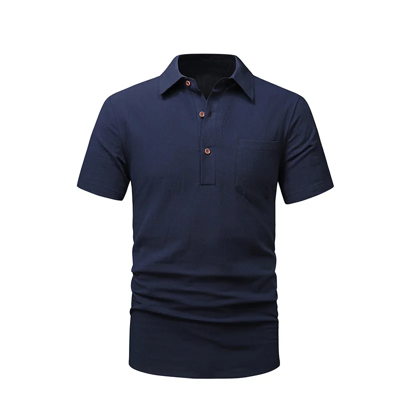 LH130-Camisa de algodón y lino con solapa para hombre, camisa de playa con un solo bolsillo, camiseta de manga corta, transpirable, informal