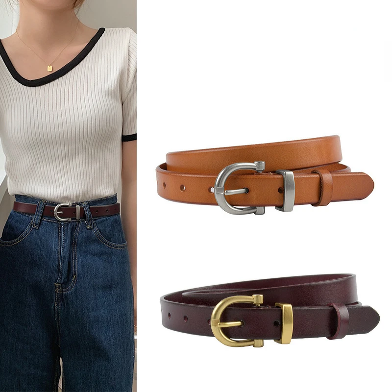 

High Quality Full Grain Leather Jeans Strap Belt for Women Gold Silver Buckle Waist Belts Cowhide Cinturon Mujer Ceinture 2024