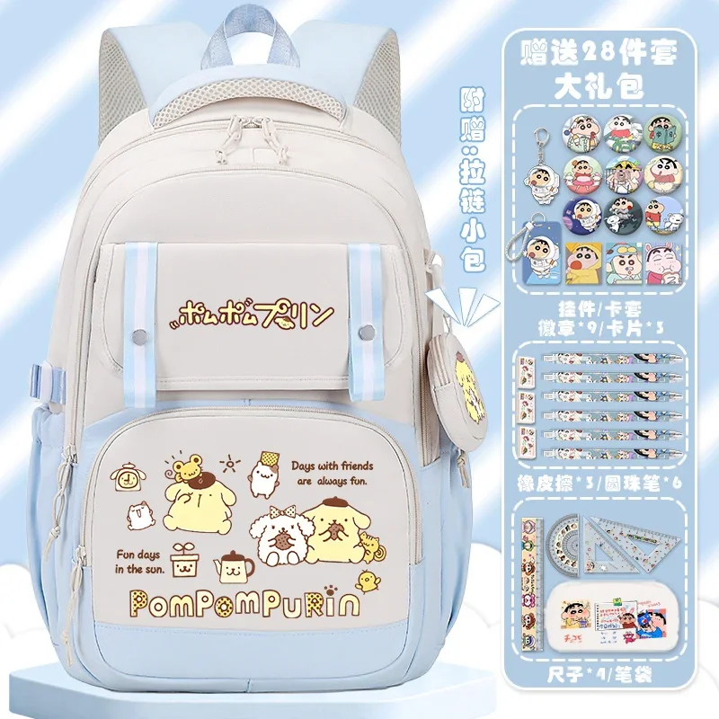 Sanrio POM Purin ใหม่กระเป๋านักเรียนลายการ์ตูนน่ารักสำหรับเด็กผู้หญิงกระเป๋านักเรียนน้ำหนักเบากระเป๋าเป้สะพายหลังความจุขนาดใหญ่