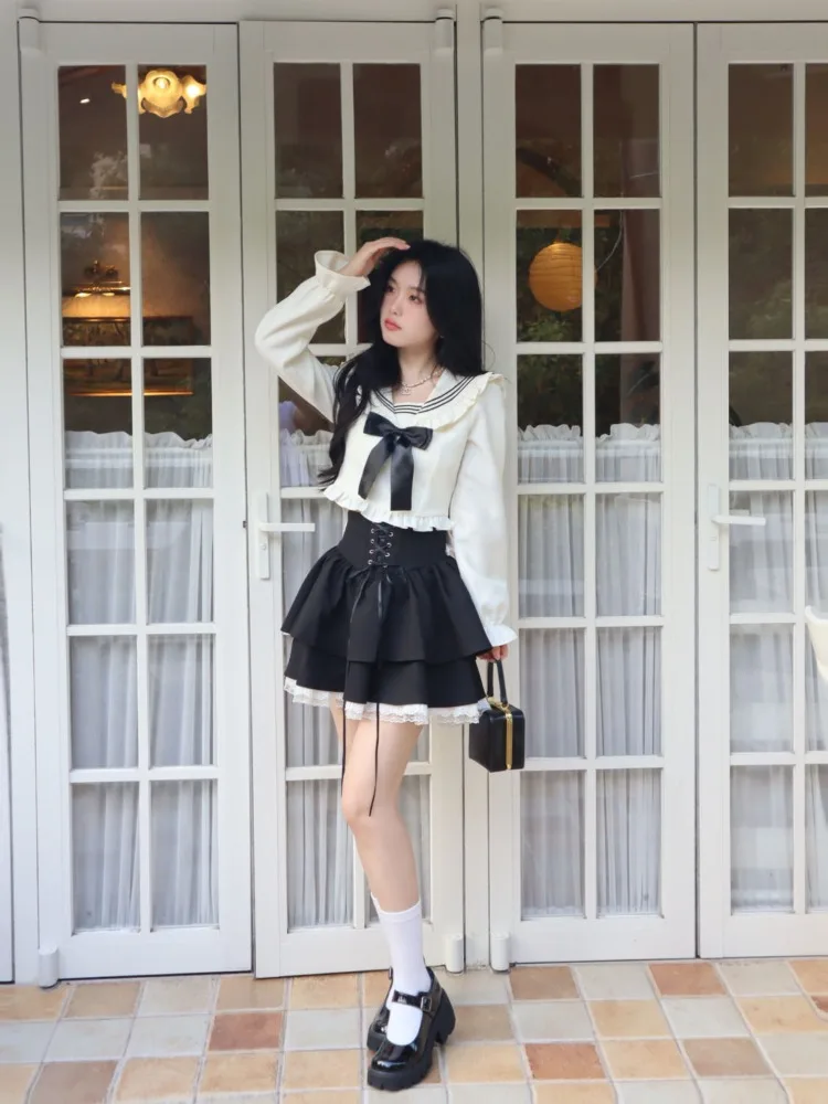 Kawaii Sailor Collar Bow Fungus Long Sleeve Tops Women+ Y2k E-Girl High Waist Lace Black Skirts Summer Sweet Two Piece Sets