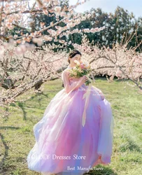 LISM Korea Women Formal Outfit Dresses Rainbow Tulle Long Sleeves Purple Pink Fairy Evening Gowns Photo shoot Custom Made