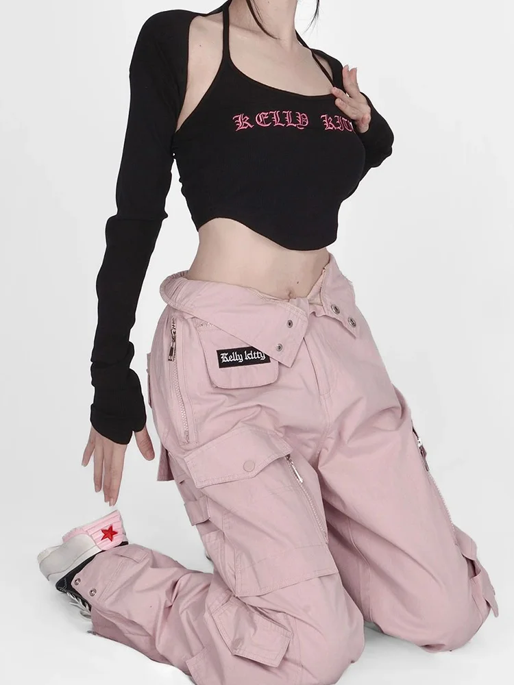 High Quality Pink Baggy Cargo Pants Women Y2K Streetwear High Waist Multi-Pocket Wide Leg Pants Harajuku Loose Casual Trousers