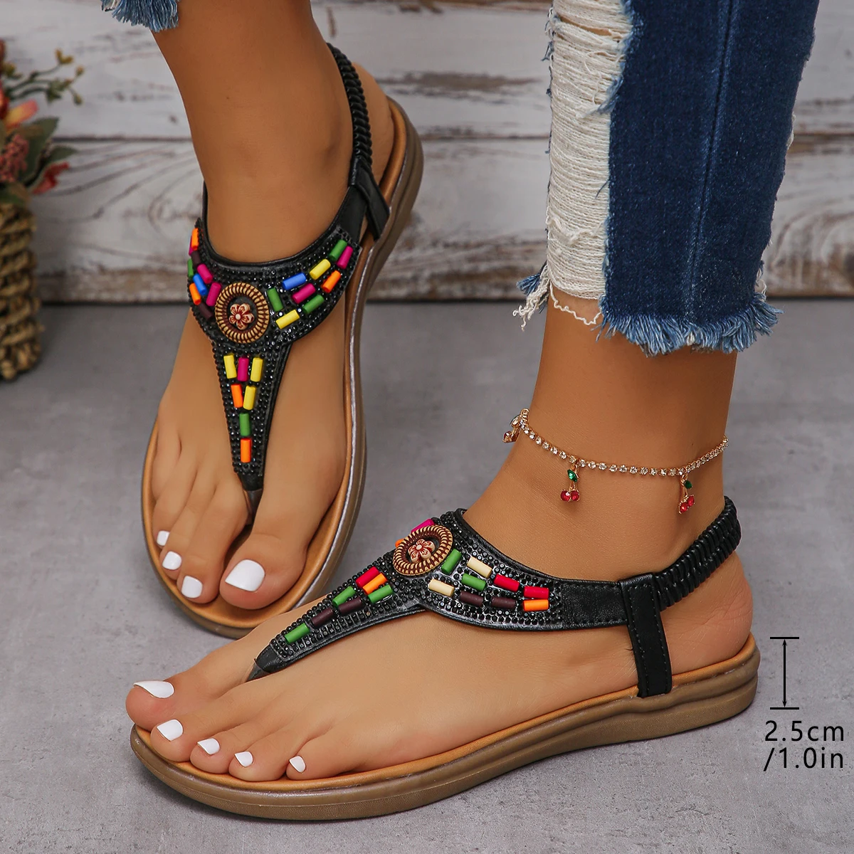 Clip Toe Bohemia Sandals for Woman 2024 Summer Flat Heels Colorful Beaded Beach Flip Flops Women Non-Slip Rome Shoes Sandalias