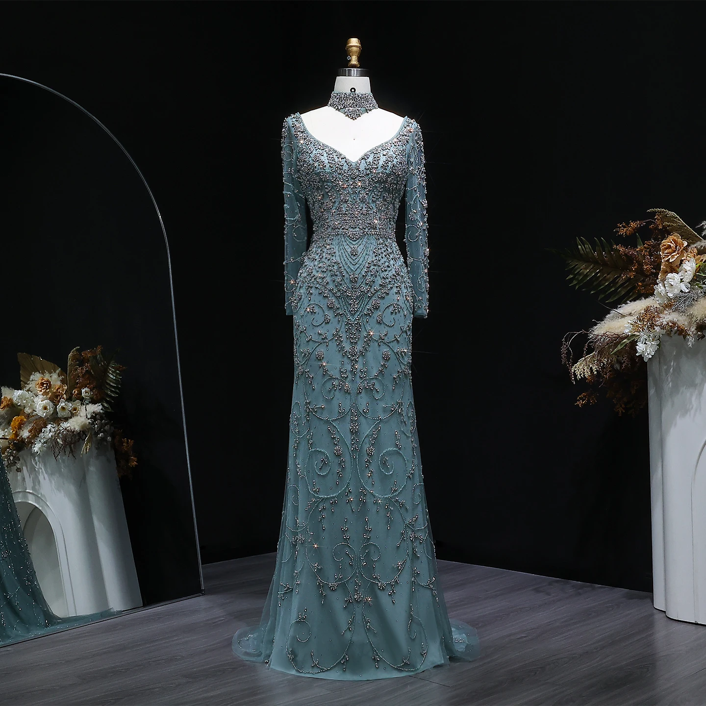 Sharon Said Luxuriöses Arabisches Dubai Rosa Meerjungfrauenkleid mit Langen Ärmeln, Perlenbesetztes Formelles Abendkleid für Hochzeit, Party, Ball, SS181 Maßanfertigung – Detail 25