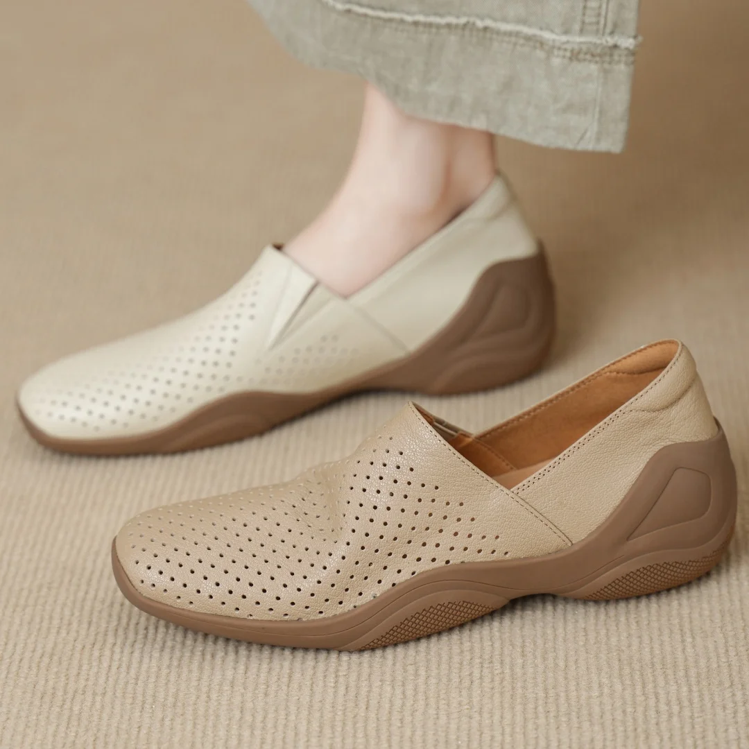 

danxuefei women's sheepskin square toe hollow-out slip-on flats sneakers high quality soft comfortable casual moccasins shoes 40