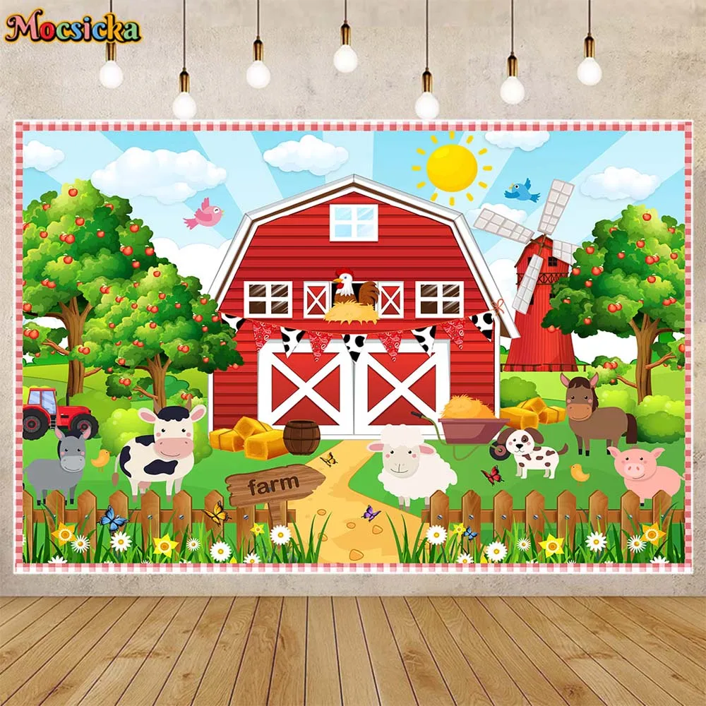 

Mocsicka Farm Cartoon Kids Background Red Barn Animals Apple Tree Baby Birthday Decor Backdrops Banner Children Wallpaper Studio