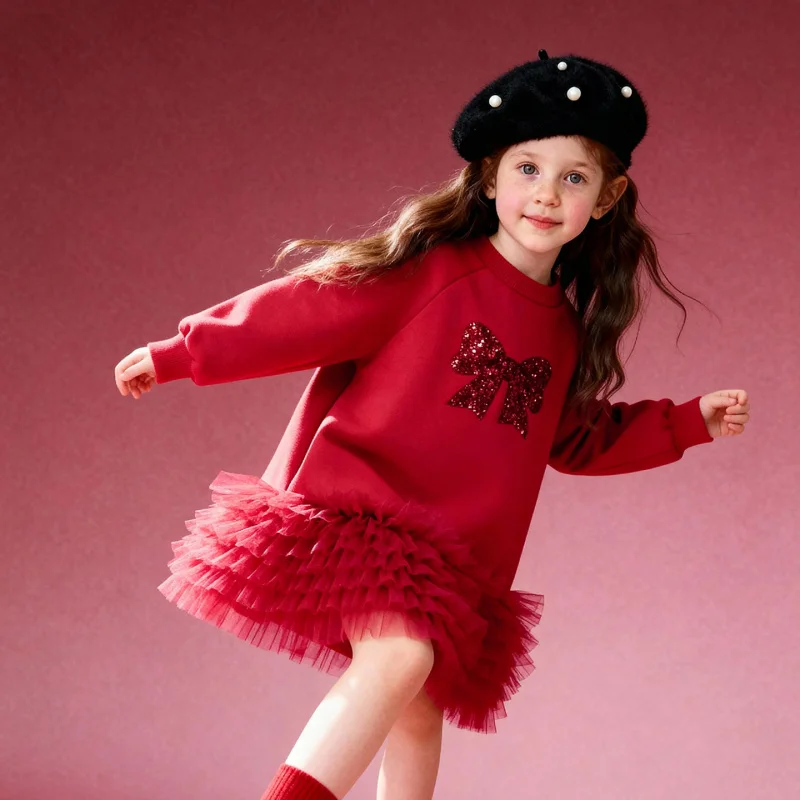 

Tongbei Детская одежда2025Новое зимнее платье для девочек в стиле принцессы, сетчатое лоскутное милое модное детское платье